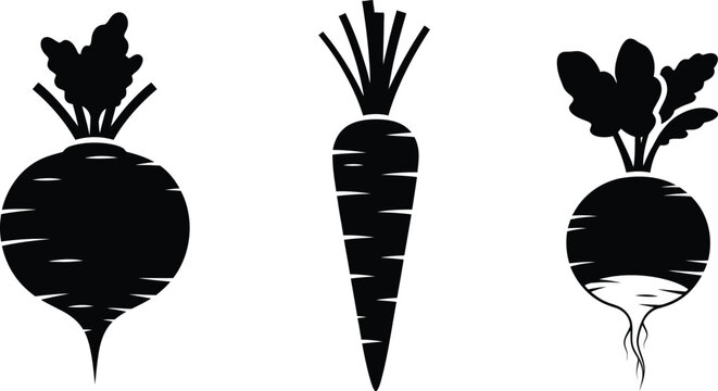 Black silhouette of a beet a carrot and a turnip with green tops beet silhouette carrot silhouette turnip silhouette