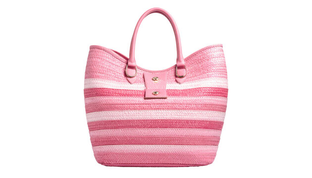 A vibrant, pink, striped tote bag with sturdy handles, a small central button closure, and a black background