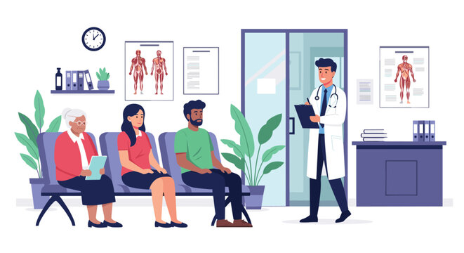 Patients are sitting and waiting in a modern medical clinic while a friendly doctor in a white coat arrives to check his patient list.