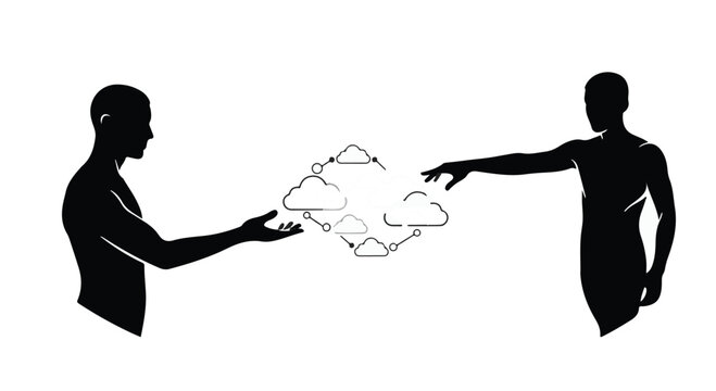 Silhouettes of two humans interacting with a cloud computing network structure represent the seamless exchange of digital data and information between individuals in a modern workspace.