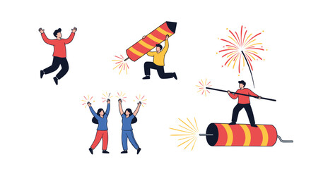 Naklejka premium Excited characters celebrate a festive occasion by lighting giant firecrackers and watching colorful exploding fireworks in different poses.