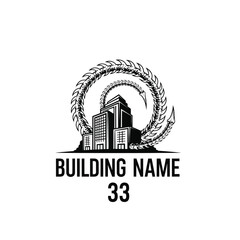 Naklejka premium City Buildings within Circular Bone or Serpentine Structure Logo on Isolated White Background