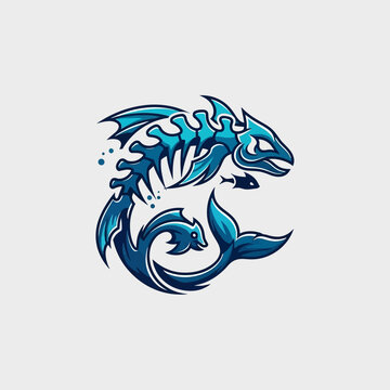 Dynamic Abstract Blue Fish Skeleton with Water Splashes, on a light gray background, ideal for marine or aquatic-themed branding
