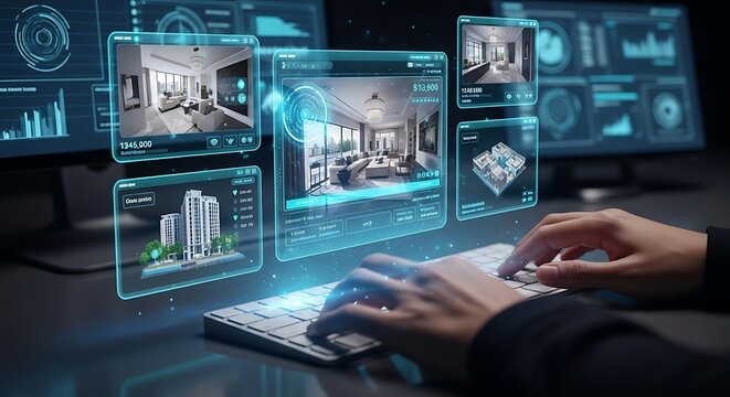 Futuristic real estate technology displaying virtual property tours and architectural designs on interactive holographic screens