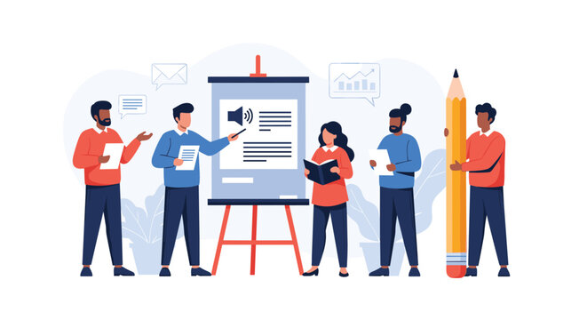 Group of professional coworkers collaborate on a presentation using a flipchart while one team member holds a giant pencil for creative ideas.