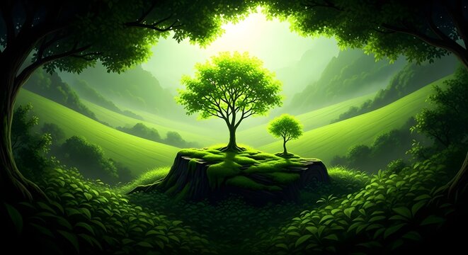 A lush, vibrant green forest landscape with a small tree growing on a mossy stump, surrounded by rolling hills and soft sunlight