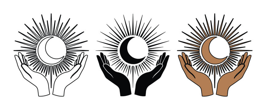 Mystical celestial hands holding crescent moon and sunburst, set of 3 spiritual occult icons, bohemian line art alchemy symbols for branding