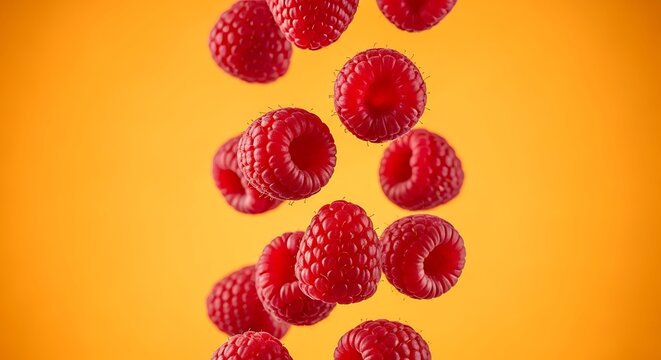 Raspberries are falling against a vibrant orange background