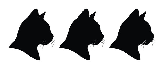 Black cat head silhouette set, minimalist feline profile icons, three domestic kitten side view vector illustrations on white background © Caleb