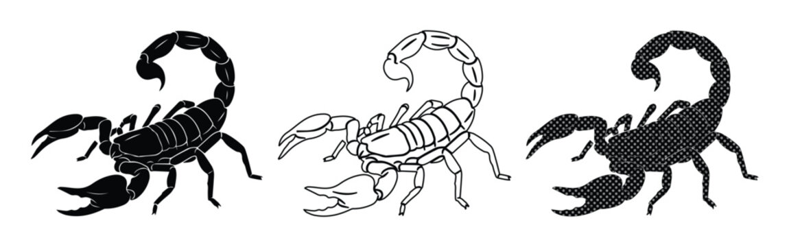Black scorpion vector set, hand drawn scorpion illustrations in silhouette and line art styles, desert arachnid icons for tattoo design and logos