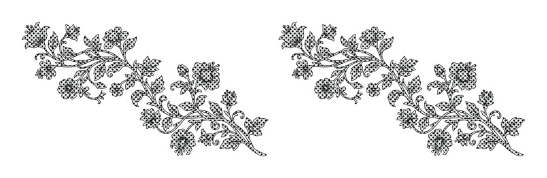 Vintage floral engraving vector, antique black and white flower border, classic botanical etching for wedding invitations and stationery