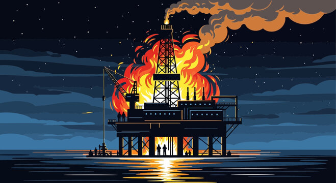 Offshore oil rig explosion at night, burning platform with dark sea and starry sky