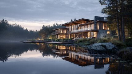 Obraz premium Stunning Modern Luxury Architectural 3D Rendering of Waterfront House Surrounded by Nature at Dusk