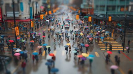 Obraz premium Busy City Intersection with Pedestrians and Umbrellas in Rainy Weather Captured from Above