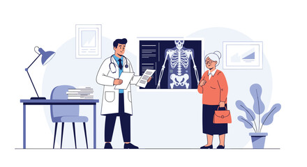 Fototapeta premium Medical doctor explains findings from a skeletal X-ray to a senior female patient during a consultation in a well-equipped clinic office.