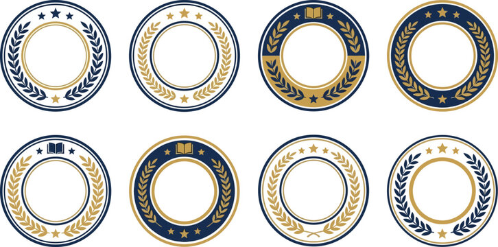 Set of eight circular emblems or seals with laurel wreaths and stars, suitable for awards or recognition