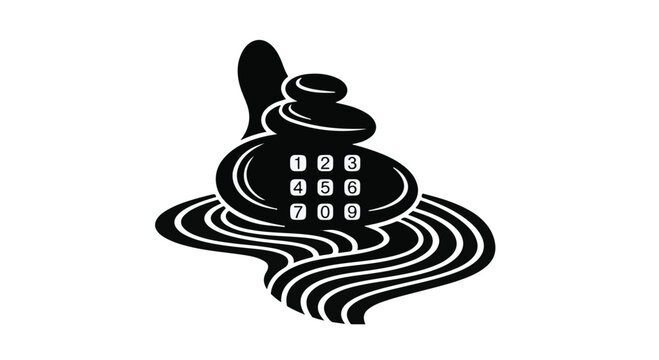 Stones stacked in a balanced tower feature a numerical keypad and flowing water patterns in this graphic design representing modern digital security and mental calmness in a chaotic world.