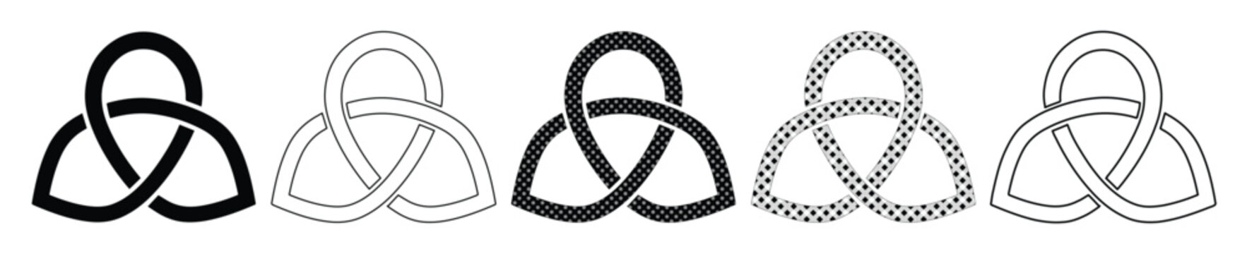 Celtic Triquetra knot vector set, 5 black and white trinity knot icons, traditional Irish spiritual symbols for logo design and tattoo art