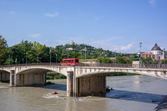 View of the Garibaldi Bridge (Ponte Garibaldi) and the Adige river (Fiume Adige) in Verona, Italy.