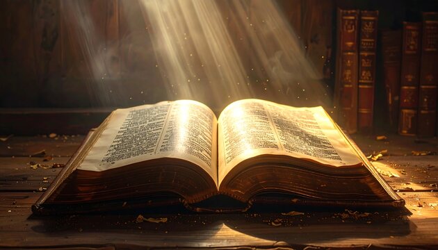 An old, open book on a worn wooden table with sunbeams