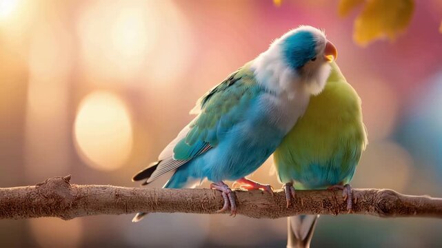 Close-up video of vibrant pair of Lovebirds. Watch their brilliant green and yellow plumage shimmer as they emit cheerful, melodic chirps and affectionate calls. A serene avian symphony. pastel colors