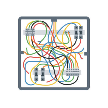 Disorganized cabinet wiring icon with tangled cables, minimal flat vector design