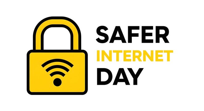 Safer internet day logo with yellow padlock and wifi symbol isolated on white background