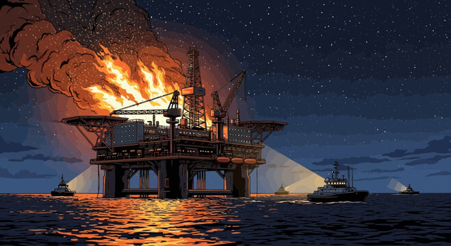 Offshore oil rig explosion at night, fire and smoke billowing, rescue boats nearby