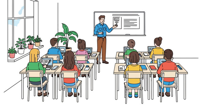 Diverse students learning with laptops and tablets in a bright classroom with a teacher