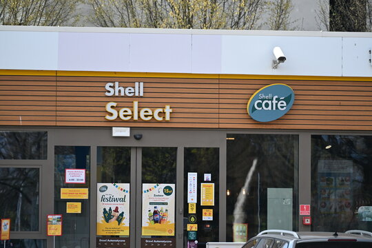 Entrance to Convenience Store at Shell and Orlen Gas Station, Fuel Retail Editorial