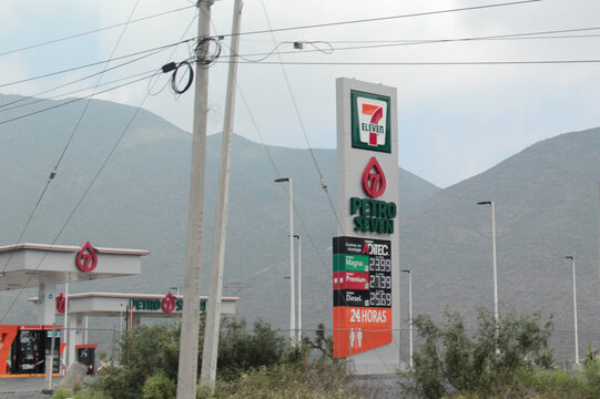Monterrey, Nuevo Leon, Mexico - Jul 30, 2025: Petro Seven, a Mexican gas station chain, offers Magna, Premium, and diesel gasoline and operates with 7-Eleven convenience stores