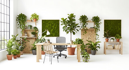 Fototapeta premium Modern biophilic office design with lush green plants and natural materials