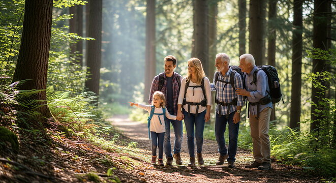 Multi generational family hiking together in sunny forest trail