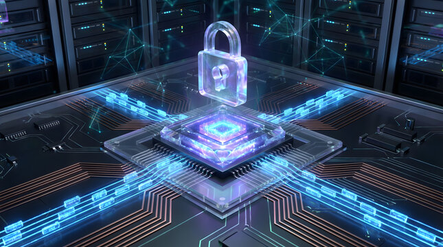 Futuristic Cybersecurity Concept with Secure Processor Chip, Digital Padlock Hologram and Data Network Protection on Advanced Circuit Board Technology Background