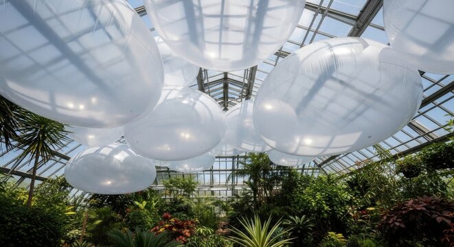 Transparent ETFE cushions forming an inflated roof over a lush botanical garden greenhouse interior