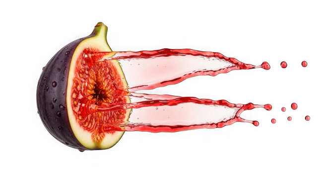 Vibrant fig fruit exploding with juice and seeds isolated on transparent background