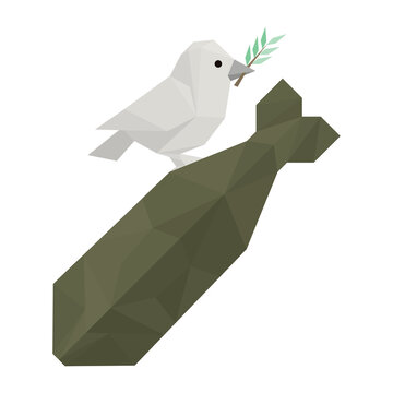 Polygon peace dove carrying olive branch on missile bomb isolated