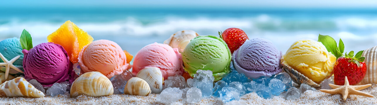 Colorful fruit ice creams on ice cubes, each paired with fresh fruit, placed on a sandy beach with seashells, starfish, and waves in the background. A vibrant and refreshing summer composition.