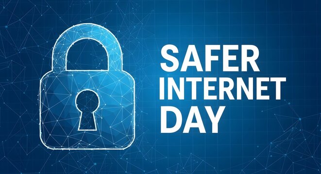 Safer internet day concept with glowing blue digital padlock icon and network connection lines