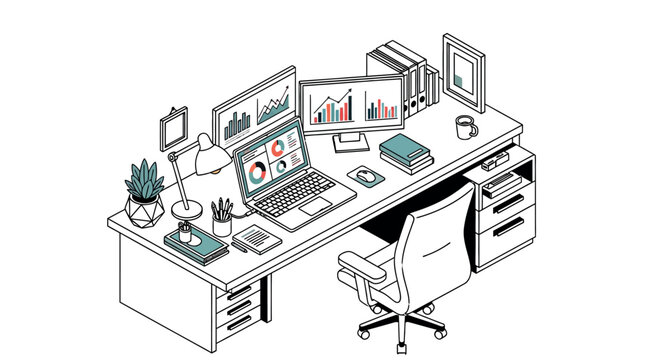 A well-organized office desk with a laptop and multiple monitors in a modern workspace