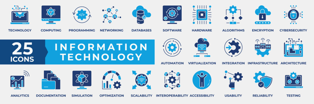Information Technology Icon Set. Containing technology, computing, programming, networking, databases, software, hardware, algorithms, cybersecurity, automation. Simple Flat Blue Vector Illustration