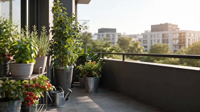 balcony with plants and city view in horizontal frame, sunny summer day, urban lifestyle, outdoor relaxation, home comfort.
