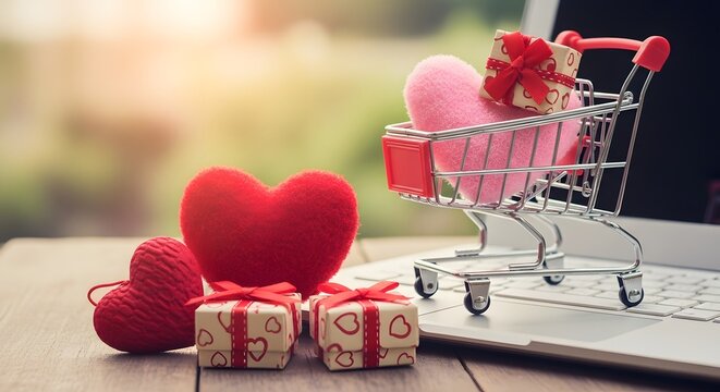 Online shopping concept for valentines day with a small shopping cart, gift boxes, and heart shapes on a laptop keyboard