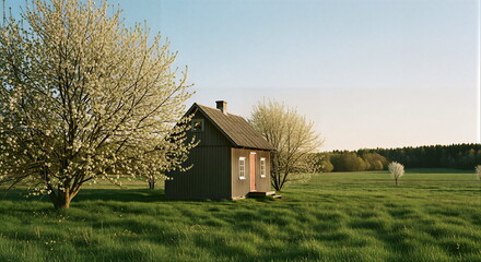 Fototapeta premium Small wooden cabin in a grassy field with flowering trees