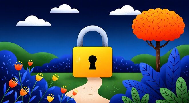 Illustration of a yellow padlock on a path in a stylized landscape with flowers and a tree under a night sky