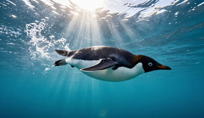 Dynamic Underwater View of a Solitary Penguin Diving with Bubbles through Sunbeams- World Penguin Day