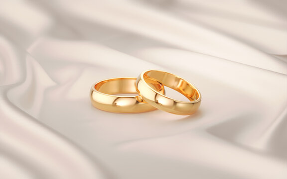 A pair of gold wedding rings on silk cloth - 3d illustration