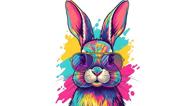 A vibrant, colorful cartoon bunny wearing sunglasses against a white background with paint splashes