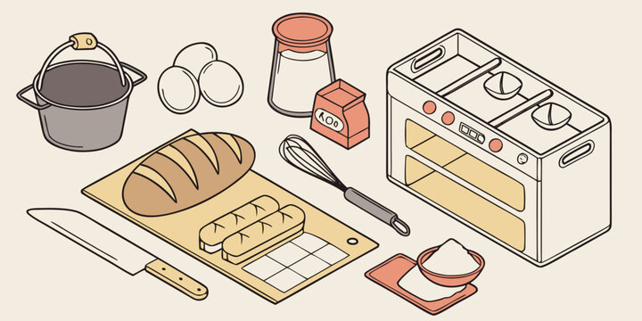 An isometric illustration depicting baking ingredients and kitchen tools