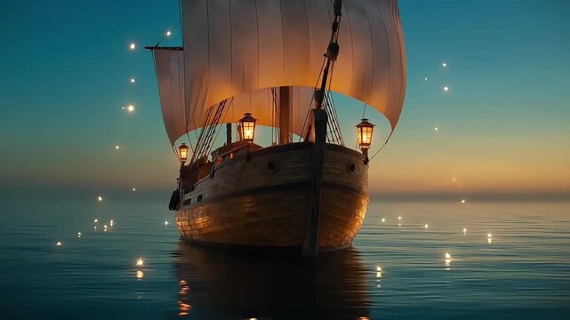 A wooden ship with lanterns sails across a calm midnight sea with magical glowing particles.